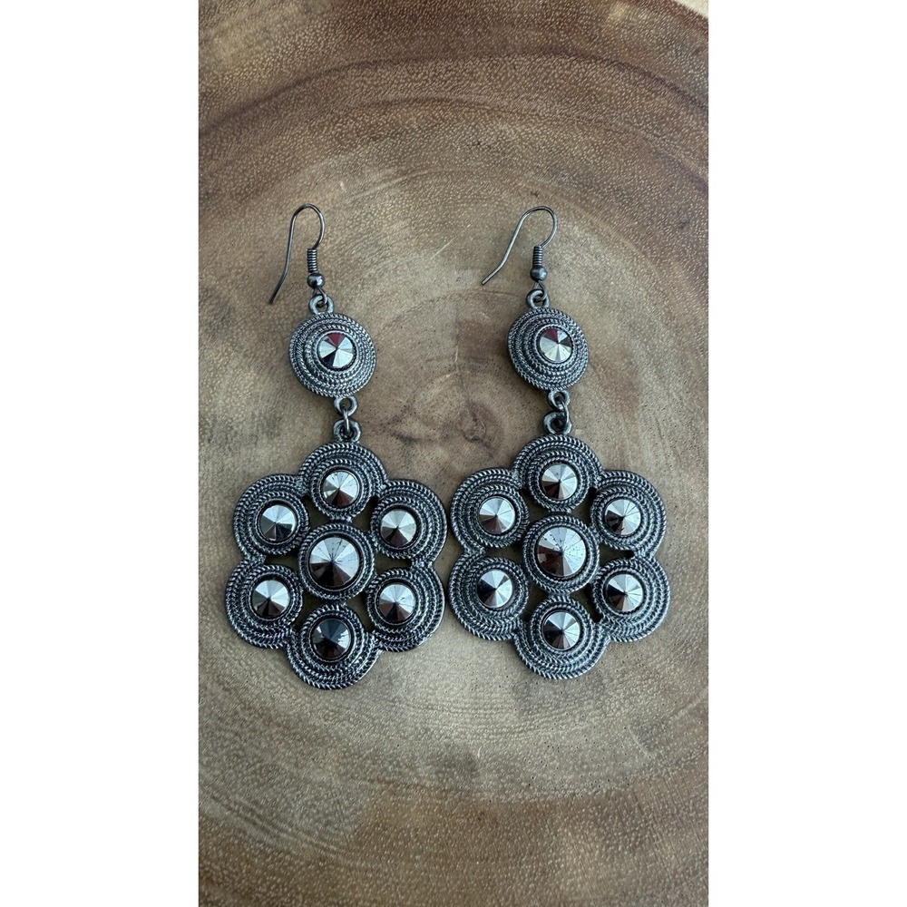 Vintage Silver Tone Dangle Chandelier Earrings Boho Ethnic Rosette Maximalist